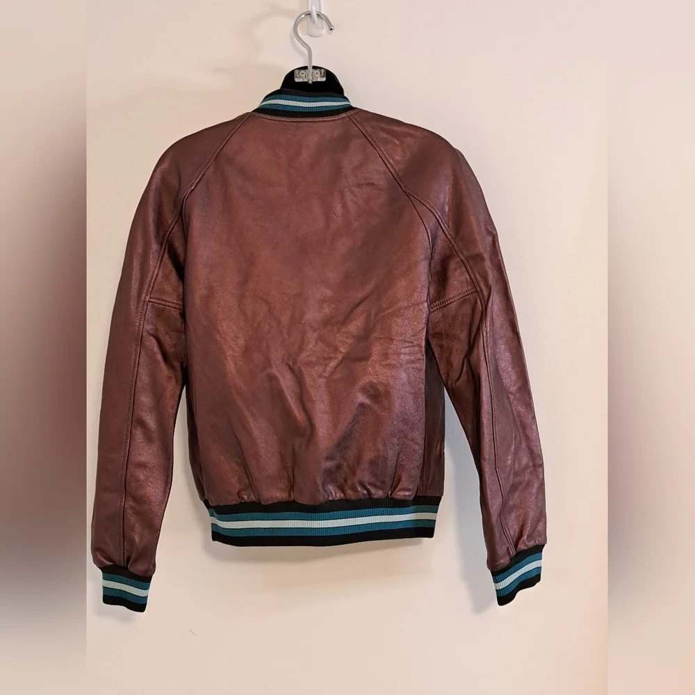 Coach Rexy Leather Varsity Jacket With Athletic Stripe Accents Misses Size Small